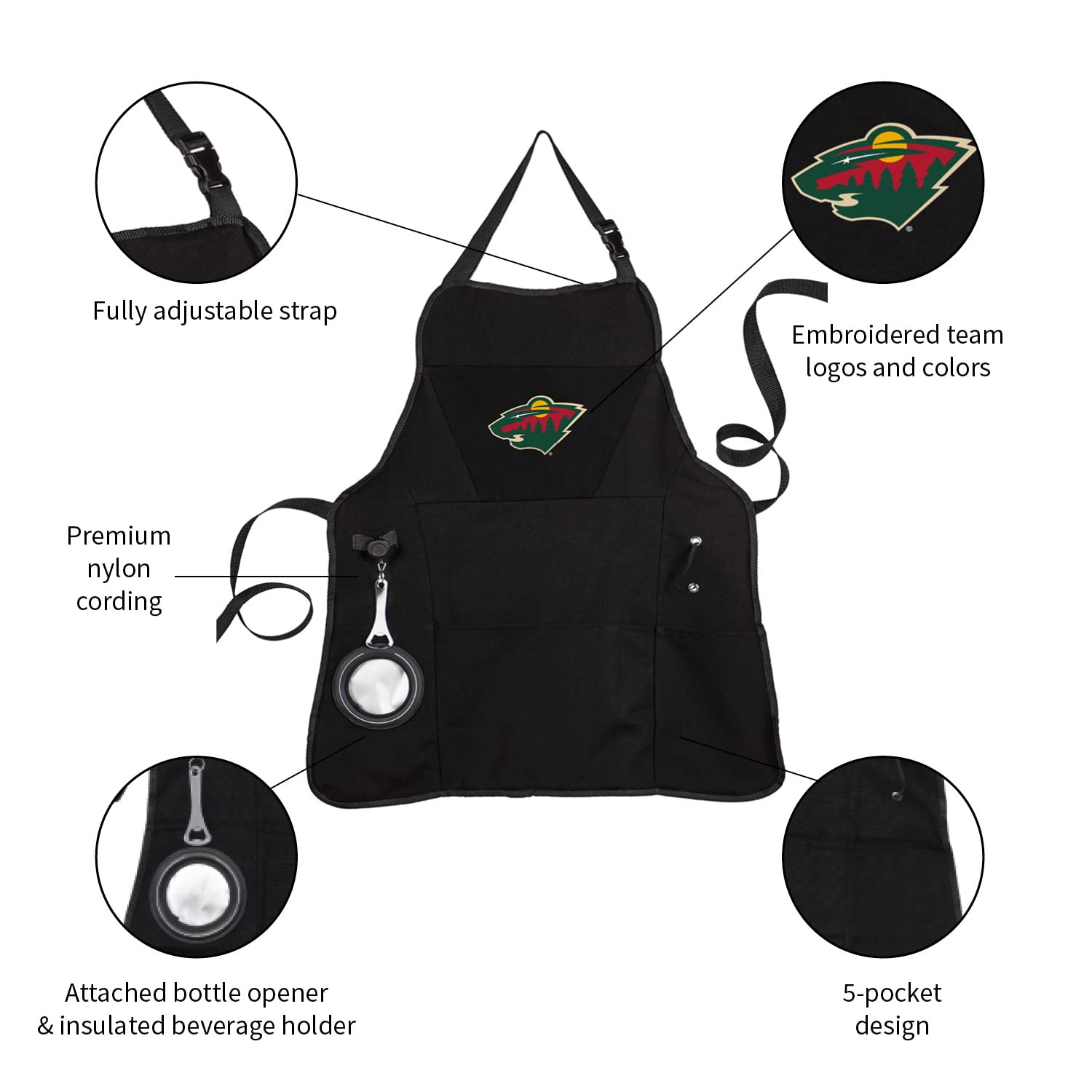 Team Sports America Outdoor NHL Black Grilling Apron | Minnesota Wild | Made of Durable Cotton | Beverage Opener and Multi-Tool | Sports and Tailgaiting Apparel - Image 3