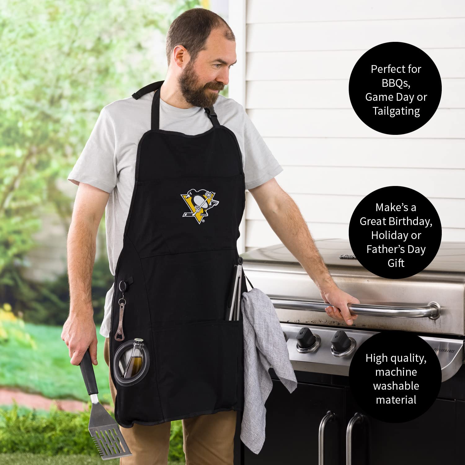 Team Sports America Outdoor NHL Black Grilling Apron | Pittsburgh Penguins | Made of Durable Cotton | Beverage Opener and Multi-Tool | Sports and Tailgaiting Apparel - Image 5